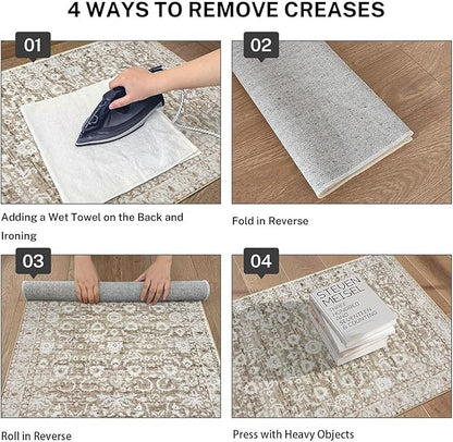Vintage 4x6 Living Room Washable Rug, Beige Tan White Non-Slip Soft Bedroom Area Rug Thin Printed Faux Wool Floor Super Soft Carpet Throw Rugs for Nursery Playroom Dining Room Indoor Office