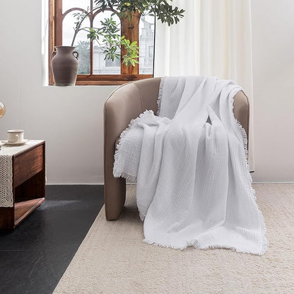 FOSSA Muslin Blanket with Fringe - 4-Layer 100% Cotton Gauze Super Soft & Breathable Throw -Lightweight Decorative Cooling Blanket for Bed, Sofa, Office -Oversize Queen Size 98" x 98" (Bright White)