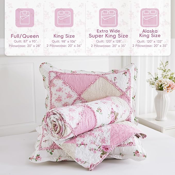 VIVILINEN Pink Patchwork Quilt Set Queen Size Reversible Quilted Bedspread Coverlet Set 3-Piece Floral Lightweight Comforter Stitched Bedding Set Bed Sheet Set Cover Blanket with 2 Pillow Shams