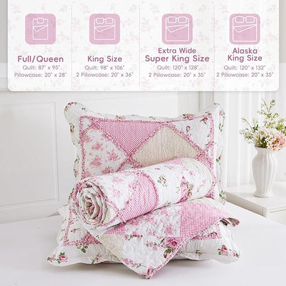 Oversized King Size Pink Floral Plaid Patchwork Quilt Set 128x120 Extra Wide Super King Size Reversible Quilted Bedspread Coverlet Set 3-Piece Comforter Bedding Set Bed Cover with 2 Pillow Shams