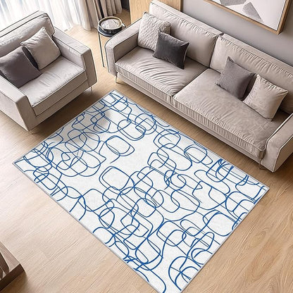 Abstract Rugs - Abstract Contemporary Rug, 7x9 Rug, Minimalist Boho Blue and White Line Art Area Rug & Room Decor, Modern Carpet & Home Decor, Washable Non Slip Anti Skid Rugs