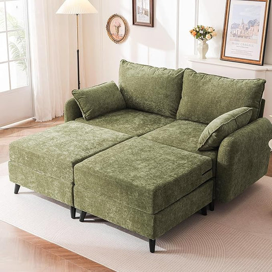 73'' Loveseat Sofa with Seats Storage, Modular Sectional Couch with 2 Movable Ottoman,Oversized Comfy Love Seat with Deep Seat,7.8'' Cushion,Couch for Living Room,Bedroom,Chenille,Green