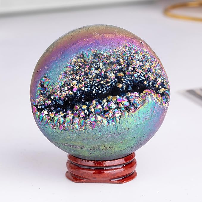 Sportmusies Titanium Coated Rock Crystal Geode Ball with Wooden Stand, Druzy Quartz Stone Cluster Sphere Reiki Home Office Decoration, Multi