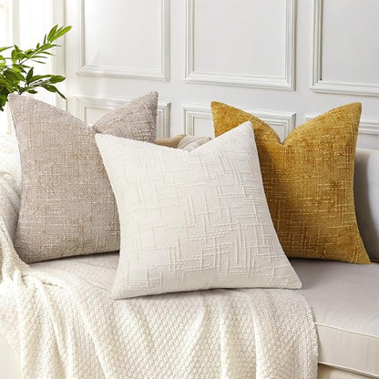 decorUhome Mustard Yellow Chenille Throw Pillow Covers 20x20 Set of 2 Textured Slubby Couch Pillow Covers Farmhouse Accent Modern Neutral Decorative Pillow Cases for Bed Sofa Living Room