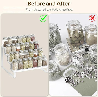 Spice Rack, Wooden Display Riser Stand, Set of 2, Perfume Organizer, Vanity Display Stand, Tiered Countertop Organizers, Space Saving, for Kitchen Spices, Syrup, Coffee Mugs, White SR04L2WW