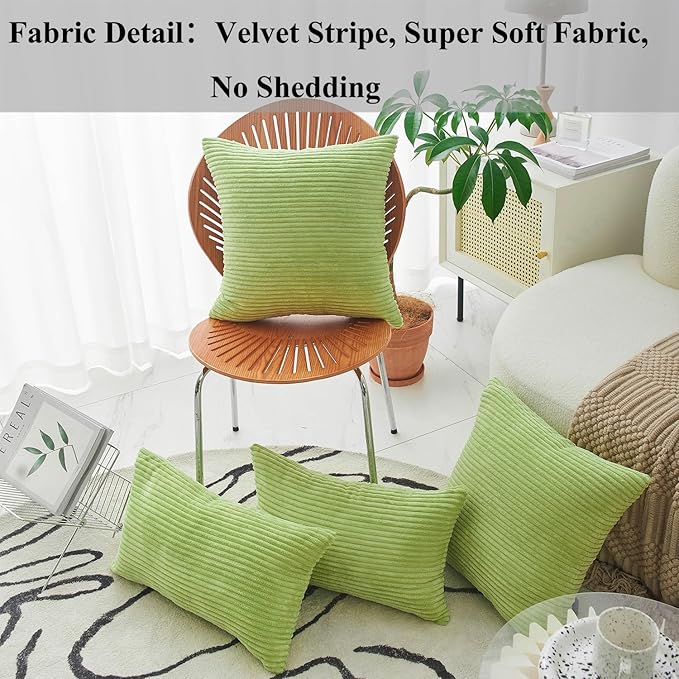 Home Brilliant Green Lumbar Pillow Covers 12x20 Set of 2 Oblong Striped Corduroy Rectangle Spring Pillow Covers Chair Couch for Spring Decor, 12 x 20 inch, Apple Green
