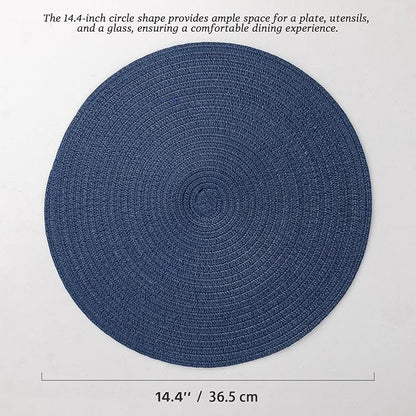 Round Placemats Set of 8 Woven Placemats Washable Braided Table Mats for Dining Table Heat Resistant Non-Slip Circle Place Mats(Navy Blue)