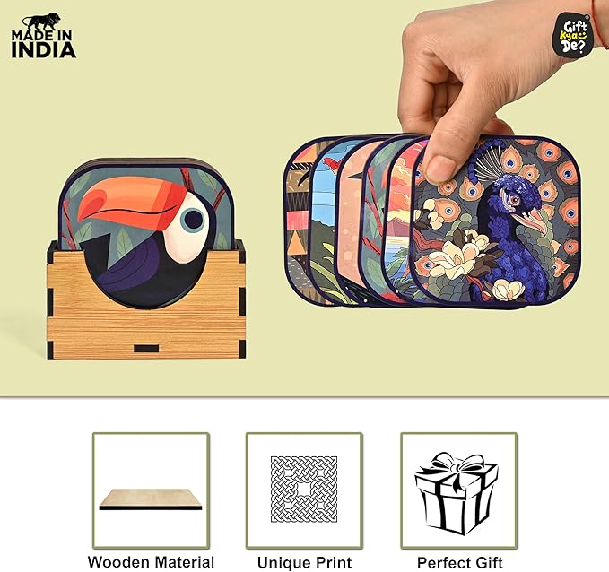 GKD Wooden Coasters for Drinks, MDF Coasters Set of 6 with Holder, Bird Design, 3.8 inches Eco-Friendly Absorbent Coaster for Coffee Table, Bar, Drinking Glasses, Tabletop Protection