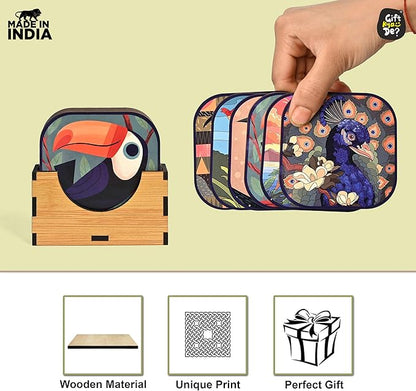 GKD Wooden Coasters for Drinks, MDF Coasters Set of 6 with Holder, Bird Design, 3.8 inches Eco-Friendly Absorbent Coaster for Coffee Table, Bar, Drinking Glasses, Tabletop Protection