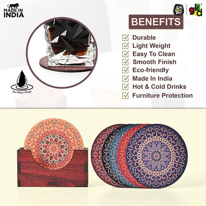 GKD Coaster Set of 6 Beautiful Wooden Coasters with Proper Coaster Stand Designer Set fit for Tea Cups, Coffee Mugs and Glasses (6 pc Round 3.5 x 3.5 inch) Multi Color