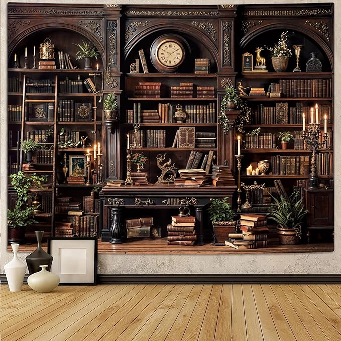 YEXIT Vintage Bookshelf Tapestriey, Retro Library backdrop Wall Tapestries, Old Books on Shelf Classical Study Room Living Room Dorm Bedroom 44×60 inch