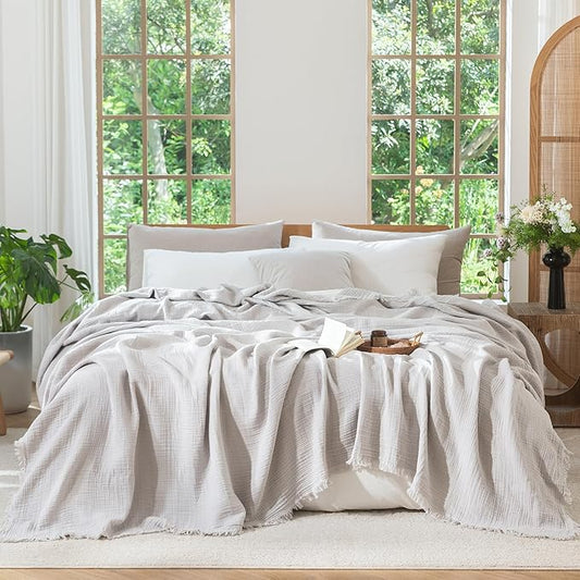 MooMee Muslin Blanket - 100% Cotton 4-Layer Gauze Throw Blanket with All-Around Fringe, Ultra-Soft Breathable Lightweight Cooling Decorative for Bed, Sofa & Couch (Light Grey,Super King 108" x 98")
