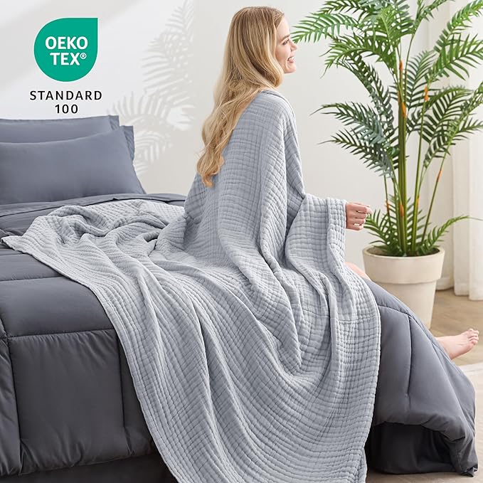 Love's cabin 6 Layer 100% Cotton Muslin Blanket, 108"x90" Muslin King Size Blanket for Bed Couch, Lightweight and Breathable Cotton Gauze, Light Grey