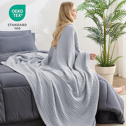 Love's cabin 6 Layer 100% Cotton Muslin Blanket, 90"x90" Muslin Blanket Queen for Couch Bed, Lightweight and Breathable Cotton Gauze for Adult, Light Grey