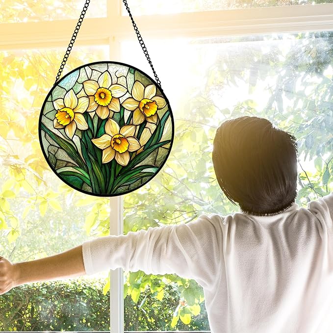 DASTOLL Stained Glass Window Hanging, Daffodil Plant Flowers Sun Catchers Diamond Glass Panel Hangings Suncatcher Decor for Birthday for Women, Men, Wife, Aunt,and Mom 9.8X9.8IN