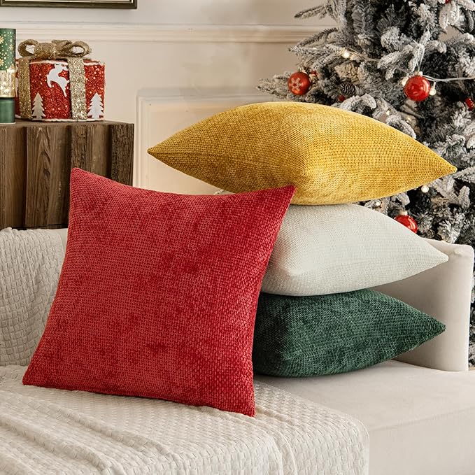 MIULEE Christmas Pack of 4 Couch Throw Pillow Covers 16x16 Inch Green Soft Decorative Chenille Pillow Covers Farmhouse Accent Cushion Covers for Boho Home Decor Sofa Bedroom Living Room
