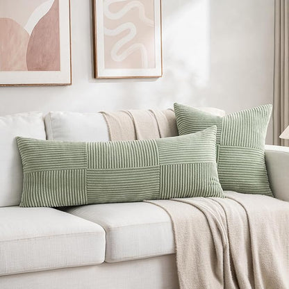 Fancy Homi Set of 2 Sage Green Boho Long Lumbar Body Decorative Throw Pillow Cover 14x36 Inch for Bed Couch Bedroom Bench, Soft Patchwork Corduroy Textured Pillow Case, Rustic Farmhouse Room Décor