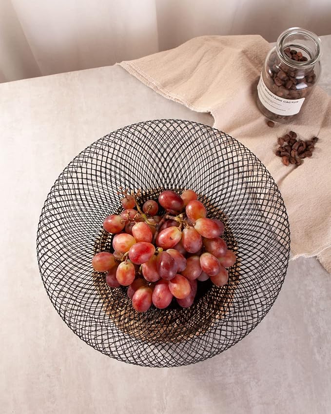 IBWell Metal Wire Woven Fruit Storage Bowl Basket for Kitchen, Large Black Mesh Fruit Stand, for Apple, Pineapple, Banana, Orange, Lemon, Pear, Strawberry, Watermelon (Black, Small)