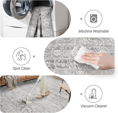 9x12 Area Rug for Living Room, Stain Resistant Washable Rugs for Dining Room, Bedroom, Floral Vintage Non-Slip Grey Rug