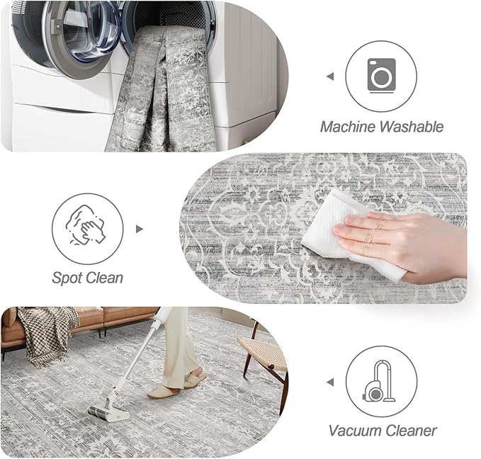 8x10 Area Rugs for Living Room, Stain Resistant Washable Rugs for Dining Room, Kitchen, Floral Vintage Non-Slip Thin Gray Large Area Rug(Grey, 8'x10')