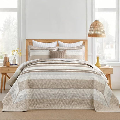 SahSahCasa 120"x102" 100% Cotton Oversized Queen Bedspread Coverlet Striped Quilt Set, Quilted Bedspread Extra Large Quilt, XL Bed Spread Lightweight Comforter, 3pc, Brown/Camel/Cream