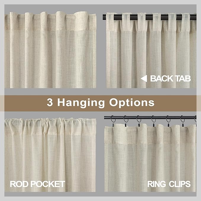 Pitalk Flax Linen Curtains 5 FT Wide by 84 Inches Long for Bedroom Sheer Linen Large Drape Light Filter Extra Wide Curtains for Living Room Dining Hall 2 Panel Set Back Tab Pocket 60 x 84 Length Beige