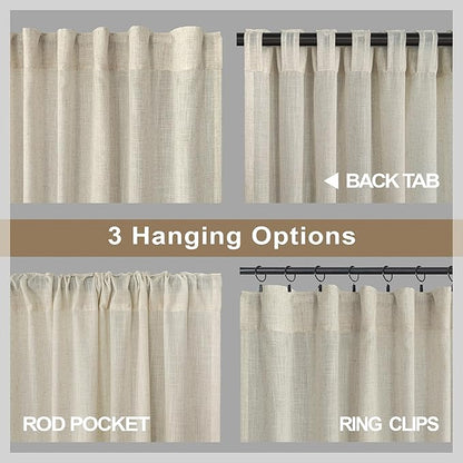 Flax Linen Curtains 84 Inch Length for Bedroom 2 Panels Back Tab Pocket Light Filtering Simple Canvas Cloth Look Semi Sheer Beige Curtains for Living Room Dining Burlap Sand Beach Decor 52x84 Long Tan