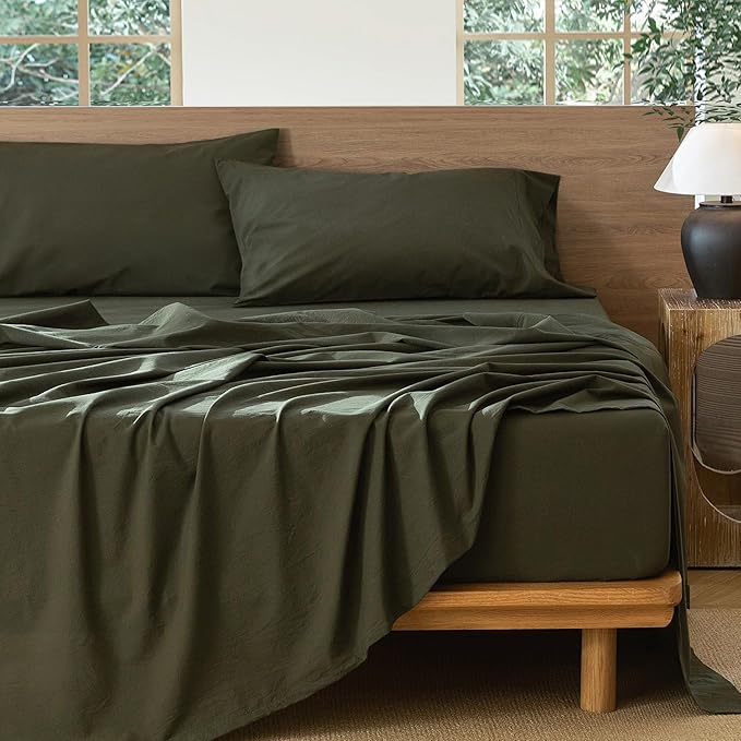 MooMee Bedding Sheet Set 100% Washed Cotton Linen Like Textured Breathable Durable Soft Comfy (Solid Olive Green, California King)
