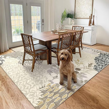 DEXDE 8x10 Area Rug, Soft Washable Abstract Area Rugs Non-Slip Vintage Boho Rug Leaves Floral Print Carpet for Living Room Bedroom Office Dining Room Playroom, Gray