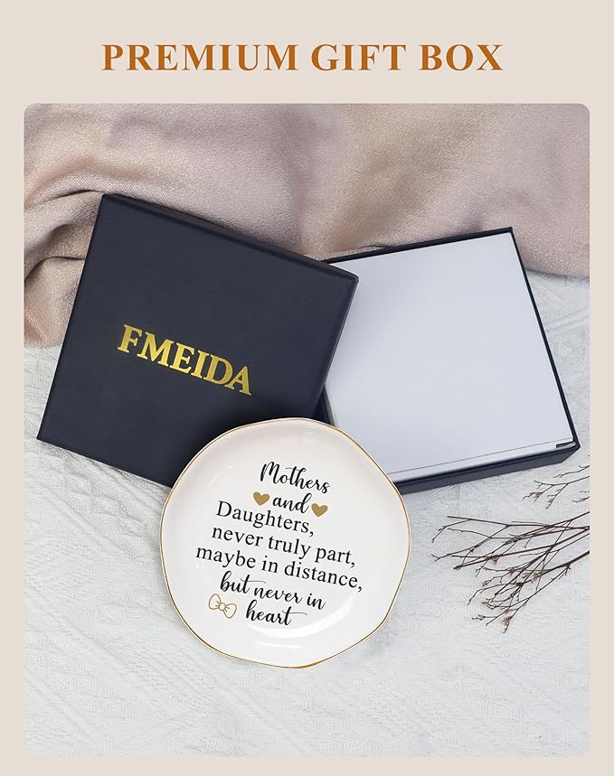 Fmeida Mother Gifts from Daughter - Mothers & Daughters never truly part maybe in distance but never in heart Jewelry Tray, Ceramic Ring Dish Christmas Gifts for Mom Birthday Thanksgiving Mother's Day