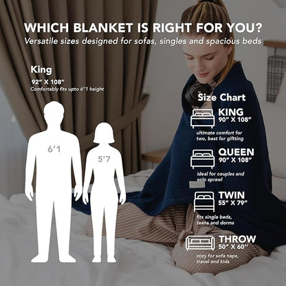Goqan Muslin Blanket King Size 90x108 – 100% Turkish Cotton 4 Layer Boho Muslin Blanket for Adults, Four Season, Lightweight and Thin, Soft, Breathable for Bed, Couch - Navy