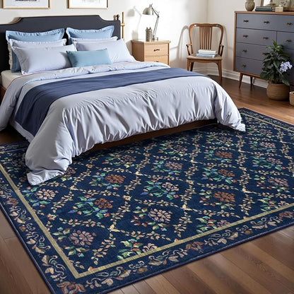 Tangsoo 5x7 Washable Area Rug, Non Slip Blue Floral Indoor Rug, Soft Low Pile Floor Carpet for Living Room, Bedroom, Dining Room, Pet & Child Friendly Room Decor, Easy to Clean