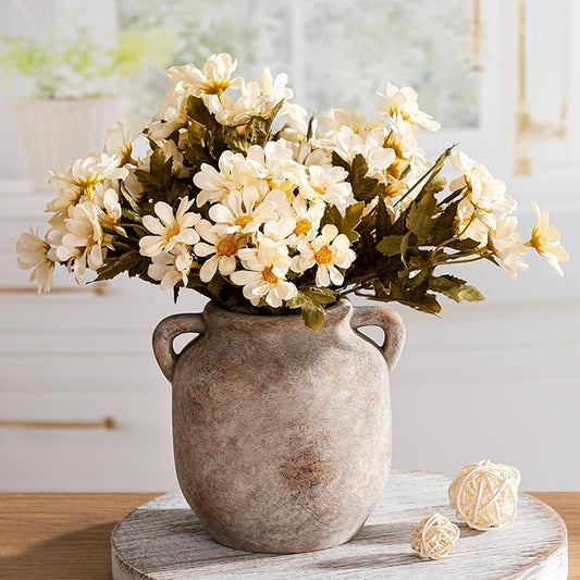 Ceramic Flower Vase Home Decor - 6 Inch Farmhouse Rustic Table Vases with Handle Living Room Decoration Decorative Vintage Pottery for Kitchen Shelf Coffee Dining Bookshelf Fireplace Centerpiece