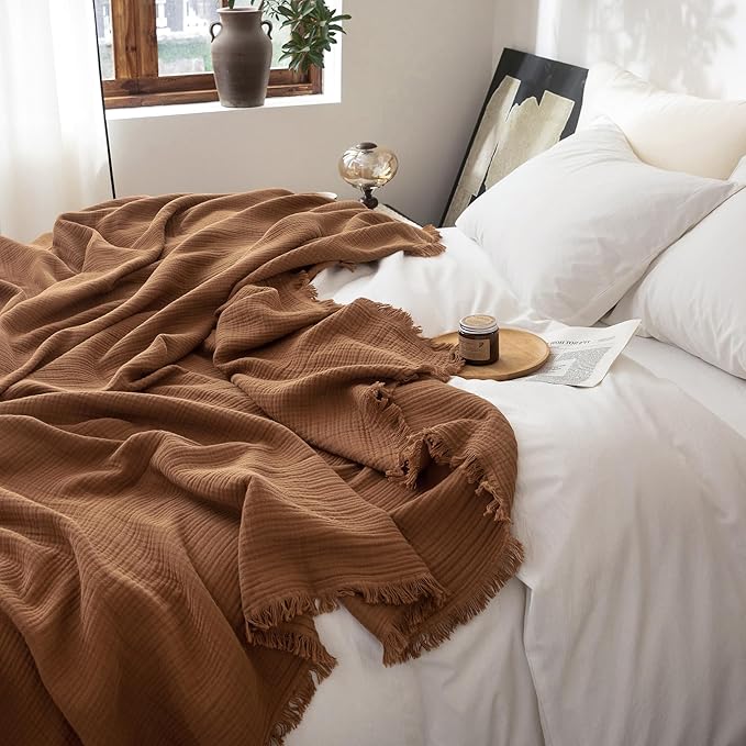 FOSSA Muslin Blanket with Fringe - 4-Layer 100% Cotton Gauze Super Soft & Breathable Throw -Lightweight Decorative Cooling Blanket for Bed, Sofa, Office (Dark Orange, Super King (108" × 98"))