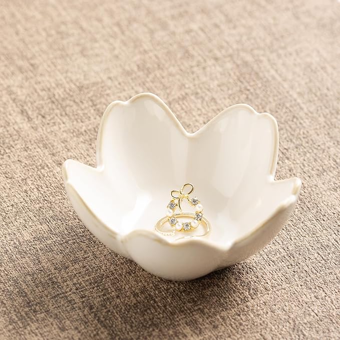Ceramic Ring Holder Tray - Decorative Floral Trinket Bowl for Jewelry Storage & Vanity Decor(white)