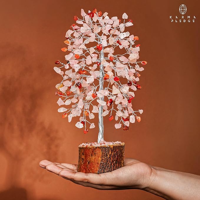 Healing Crystals Chakra Tree of Life for Positive Energy & Protection & Good Luck, Money, Feng Shui Decor for Home and Office Desk Decoration, Spiritual Gifts (Rose, Carnelian Dual Beads)