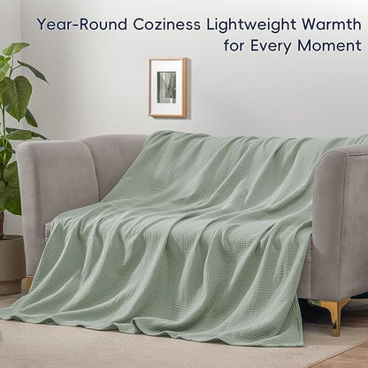 PHF 100% Cotton Muslin Blanket Queen Size 90"x90", 4-Layer Lightweight Gauze Throw, Breathable Cloud-Soft Minimalist Blanket for Bed, Couch, Camping & Baby, Sage Green, Ideal Gift