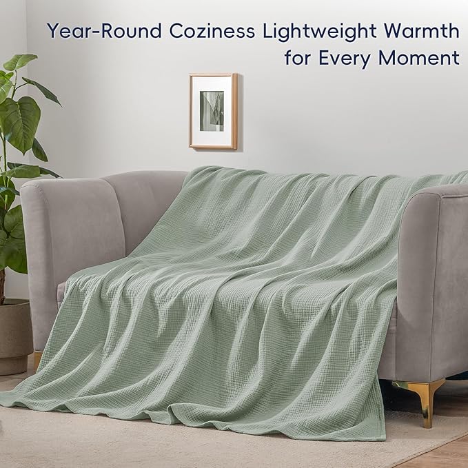 PHF 100% Cotton Muslin Blanket Twin XL Size 66"x90", 4-Layer Lightweight Gauze Throw, Breathable Cloud-Soft Minimalist Blanket for Bed, Couch, Camping & Baby, Sage Green, Ideal Gift