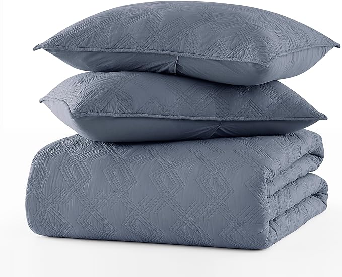 WDCOZY 100% Cotton Twin Size Quilt Set - Dusty Blue Pre-Washed Soft Lightweight Modern Bedspread, Farmhouse Country Rustic Coverlet, Textured Like Linen, Shabby Chic Gauze Bedding, 2 Pieces