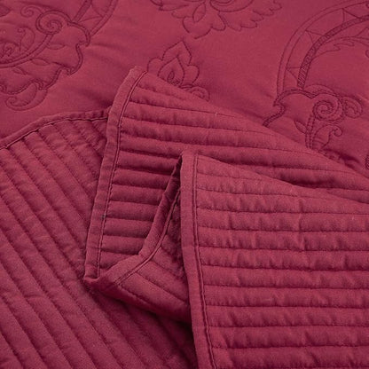 CHIXIN Oversized Bedspread Coverlet Set King Size - Lightweight Bedding Cover - Beautiful Stitching - 5 Piece Reversible Bedspread - Gorgeous Damask Paisley Pattern (King, Wine Red)