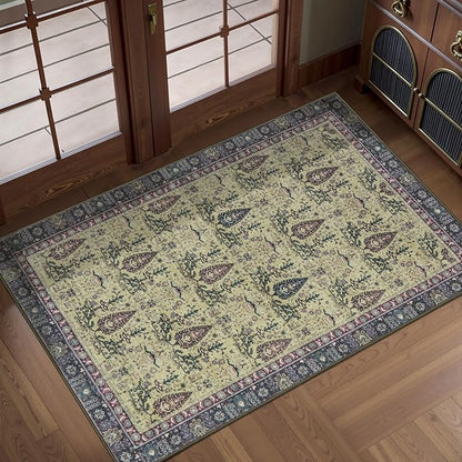 Tangsoo 2x3 Small Washable Entry Rug, Vintage Boho Purple Floral Rug for Entryway Bedroom Entrance, Non Slip Soft Low Pile Door Mat Throw Carpet for Kitchen Bathroom Foyer Decor