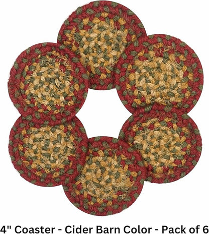 Homespice Cider Barn Jute Braided Coasters 4", Warm Country Rustic Decor, Set of 6, Red - Durable, Absorbs Moisture, Easy to Clean and Protects Furniture