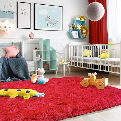 Ultra Fluffy Rug for Living Room Bedroom, 5x7 Fuzzy Large Area Rug for Living Room, Plush Soft Shag Carpet for Girl Boy Kids, Non Slip Rug Modern Indoor Home Decor Aesthetic, Red