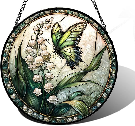 Stained Glass Window Hanging, Lily of The Valley Flower Butterfly Suncatcher for Doors Home Sun Catchers Decoration and Christmas, Mother's Day Birthday Gifts for Women, Men, Mom 7.8 in