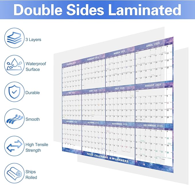 3pcs 32" x 48" 2026 Wall Calendar Dry Erase - Large Starry Sky Calendar Wet & Dry Erasable Laminated 12 Month Annual Yearly Planner, Reversible, Horizontal/Vertical (2026 Wall Calendar)