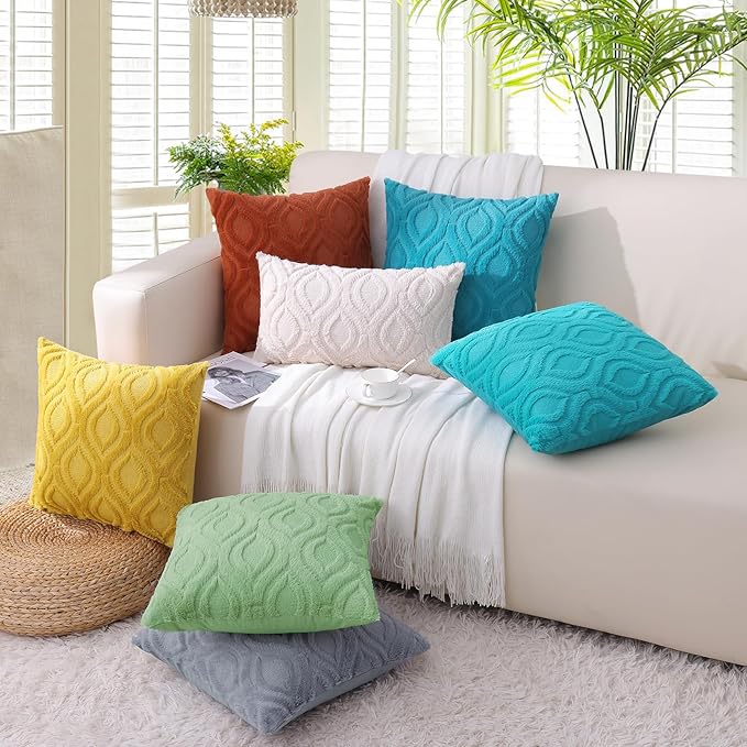 decorUhome Spring Throw Pillow Covers 12x20 Inch Set of 2, Soft Plush Faux Wool Blue Grey Solid Couch Pillow Covers, Accent Farmhouse Neutral Square Pillow Cases for Sofa Bed Living Room