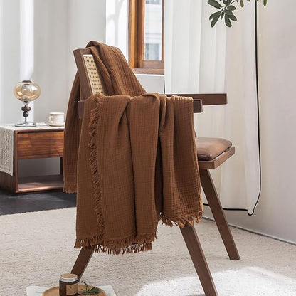 FOSSA Muslin Blanket with Fringe - 4-Layer 100% Cotton Gauze Super Soft & Breathable Throw -Lightweight Decorative Cooling Blanket for Bed, Sofa, Office (Dark Orange, Queen (90" × 90"))