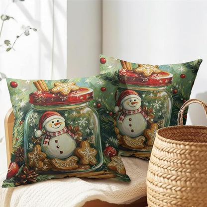 Christmas Pillow Covers 18x18 Set of 2 Green Snowman Throw Pillow Covers Winter Pillowcase Linen Decoration Farmhouse Snowflake Bell Cozy Soft Cushion Case Couch for Indoor Outdoor Home Decor