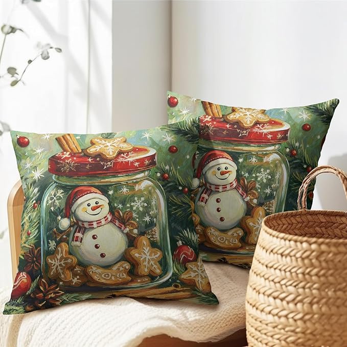 Christmas Pillow Covers 22x22 Set of 2 Green Snowman Throw Pillow Covers Winter Pillowcase Linen Decoration Farmhouse Snowflake Bell Cozy Soft Cushion Case Couch for Indoor Outdoor Home Decor
