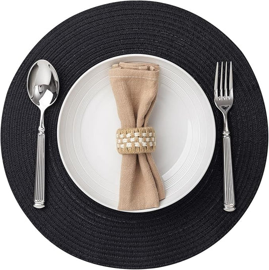 Round Placemats Set of 4 Woven Placemats Washable Braided Table Mats for Dining Table Heat Resistant Non-Slip Circle Place Mats(Black)